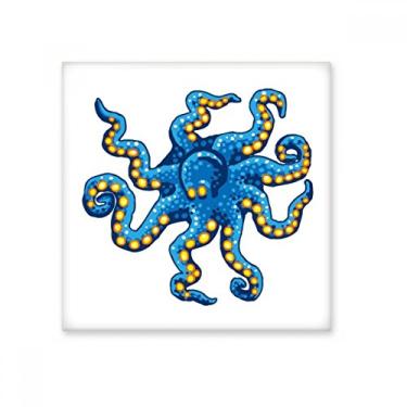 Imagem de Azulejo de cerâmica brilhante com estampa de desenho de vida marinha polvo azul