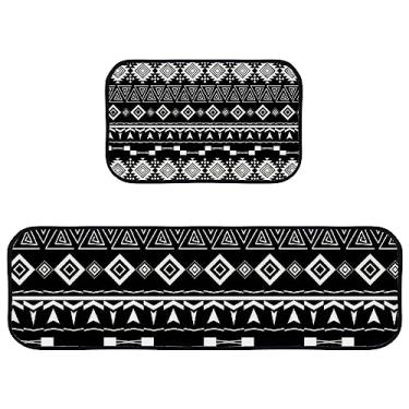 Imagem de My Little Nest Conjunto de tapetes de cozinha asteca étnica preto branco anti fadiga tapetes de cozinha 2 peças tapete acolchoado confortável para sala de jantar, lavanderia, escritório