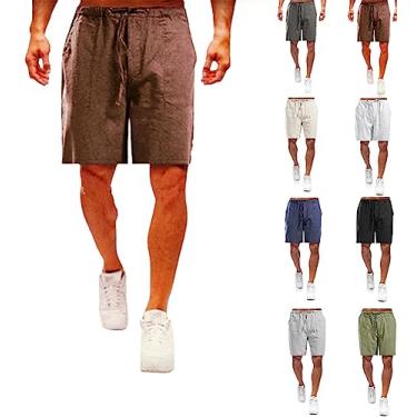 Imagem de Shorts masculinos casuais de linho, shorts masculinos casuais de linho de algodão com cordão e bolsos, shorts de praia de verão (Brown,XX-Large)
