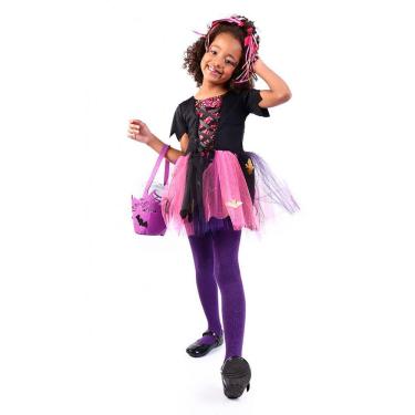 Imagem de Fantasia Vestido Bruxinha Feiticeira Infantil Halloween Dia das Bruxas Carnaval Festa Noite do Terror Carnaval