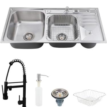 Imagem de Pingoo.Casa, Kit Cuba para Cozinha com Acessórios, Pia Dupla, Gourmet, Lixeira 5 Litros, Aço Inox, Caiapós e Torneira Gourmet, Monocomando, Munim, Preta