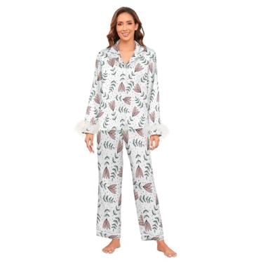 Imagem de GuoChe Conjunto de pijama macio de manga comprida e punho de penas para madrinha de honra, casual para festa de casamento, festa do pijama, P flores, Papel de parede Flores Natureza, M