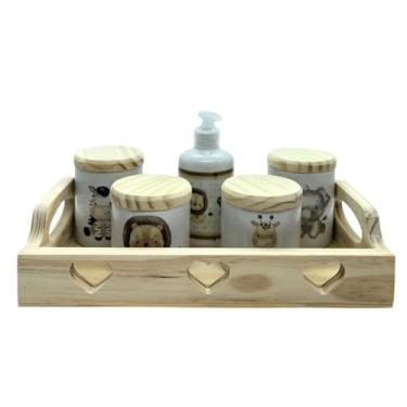 Imagem de Kit higiene bebê Safari 6 peças - Bandeja, potes, porta álcool - Peças Porcelana Bandeja Coração