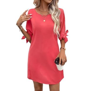 Imagem de Camisa Feminina Solid Knot Cuff Tunic Dress (Color : Watermelon Pink, Size : M)
