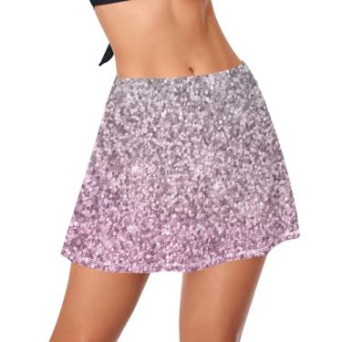 Imagem de Saia de natação feminina de cintura alta com calcinha integrada e modesta, roupa de banho atlética, minissaia patinadora, Glitter rosa prateado, GG
