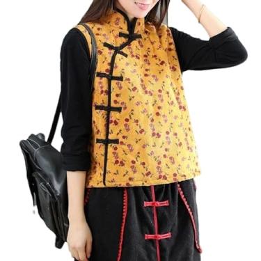 Imagem de KANG POWER Colete de veludo cotelê estilo chinês feminino étnico vintage engrossar colete sem mangas colete tradicional feminino, Gengibre, M