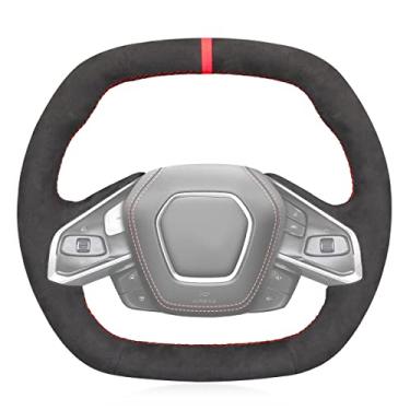 Imagem de MEWANT Capa de volante de carro cinza escuro Alcantara costurada à mão para Chevrolet Corvette (C8) 2020-2022 / Stingray / Z06