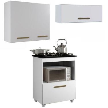 Imagem de Conjunto Balcão para Cooktop 1 porta 1 nicho 5 bocas e 2 Armário Aéreo Branco