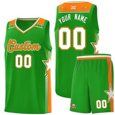 Imagem de Camiseta de basquete personalizada com logotipo de número de nome, regata e shorts estampados personalizados para homens mulheres jovens, 23. verde/branco/laranja, One Size