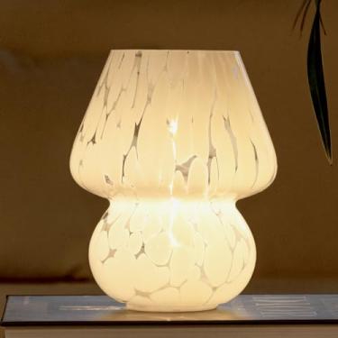 Imagem de HEQET Lâmpada de cogumelo operada por bateria, lâmpada de mesa de cogumelo de vidro fofo, estética, para sala de estar, sala de jantar, estilo murano interno e externo, buld incluído (branco com ponto