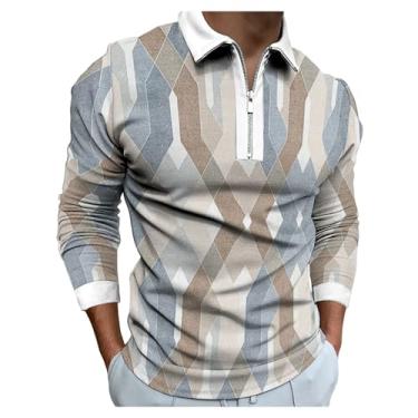 Imagem de Camisa polo masculina estampa Argyle 3D camiseta de golfe combinando com meio zíper frontal pulôver, Marrom, 3G