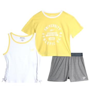 Imagem de Reebok Conjunto de shorts ativos para meninas – Camiseta de manga curta de 3 peças, regata e shorts de ginástica – Conjunto casual para meninas (7-12), Amarelo manteiga, 8