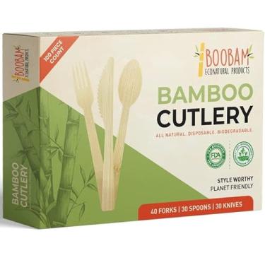 Imagem de Boobam Econatural Products Utensílios de bambu – Talheres de madeira descartáveis naturais para festas, comer, acampar, piquenique, casamento – talheres compostáveis – 30 colheres, 30 facas, 40 garfos