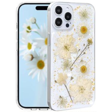 Imagem de CEOKOK Capa transparente para iPhone 12 Pro Max com design de flores prensadas de verdade, glitter, estampa floral brilhante, fina, macia, protetora, feminina, feminina, feminina, feminina, (dourada)