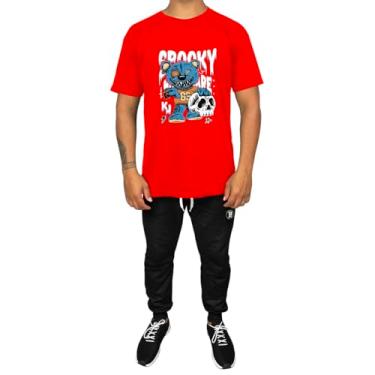 Imagem de Kit Conjunto Masculino Camiseta Algodão e Calça Moletom Casual Estampado Urso Azul (Vermelho, G)
