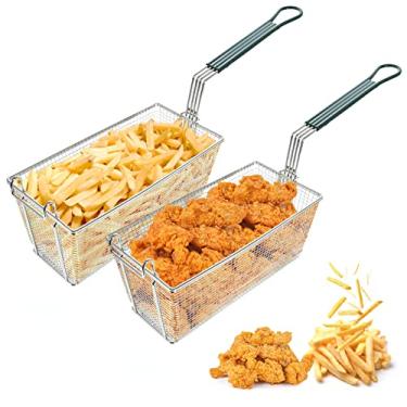 Imagem de Delizon Cesta de fritadeira 2 peças com ganchos frontais alça antiderrapante, cesta de 33,5 cm x 16,5 cm x 15 cm e cesta de drenagem frita de cabo longo de 28,4 cm para fritadeira de chão, fácil