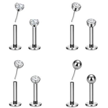 Imagem de DGhera 8 peças G23 titânio sem rosca push in labret monroe anéis labiais para mulheres brincos de cartilagem de costas planas Helix Tragus brincos de concha Daith piercing de nariz 16G/18G/20G, 8mm,