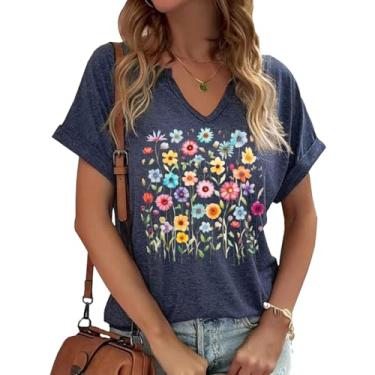 Imagem de Camiseta feminina Boho floral gola V verão vintage flores estampadas colorido flores silvestres casual casual camiseta botânica, A - azul, XXG
