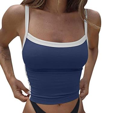 Imagem de Nagub Camiseta regata feminina sem mangas preta em camadas justas frente única casual básica verão, Azul, P