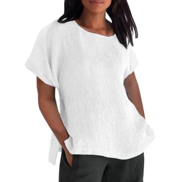 Imagem de Camisetas soltas para mulheres, túnica de verão, gola redonda, manga curta, casual, camisas soltas, Branco, GG