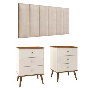 Imagem de Kit Quarto Cabeceira de Cama Casal 1,40m com 2 Mesa de Cabeceira Mix Off white/Freijo