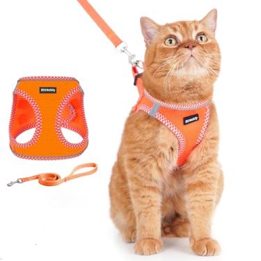 Imagem de Rttochfy Conjunto de arnês e coleira para gatos, colete à prova de escape, colete macio e respirável com faixa refletiva, fácil de usar para gatos caminhando e viajando (laranja, P)