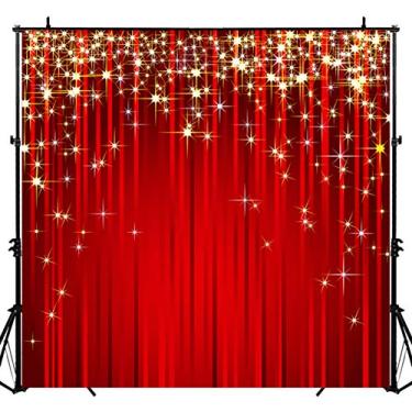 Imagem de Sensfun Cenário de Natal com estrela vermelha de 1,8 x 1,8 m com fundo dourado com estrelas e glitter para cabine fotográfica vermelha para adultos, prêmios, eventos, crianças, decoração de festa de aniversário, retrato, sessão de fotos, estúdios