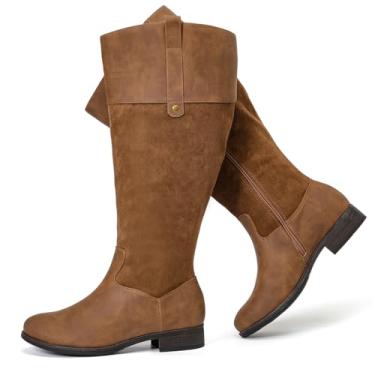 Imagem de Luoika Botas femininas extra largas na altura do joelho, plus size, larga, cano alto, inverno, outono, salto baixo., Tan105, 9 X-Wide