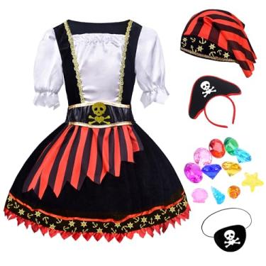 Imagem de ZZIHAN Fantasia de pirata para meninas, vestido de princesa pirata, acessórios de pirata, chapéu, faixa de cabelo, cinto, pedras de pirata, tesouro, brinquedos, festa de aniversário, presente de