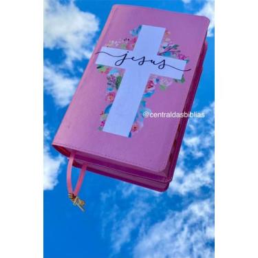 Imagem de Bíblia sagrada Cruz rosa claro com Pingente no fitilho  Com Harpa E Ín