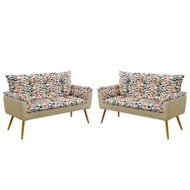 Imagem de Kit 2 Poltronas Namoradeira Opala Suede Estampado Laranja com Bege Ara