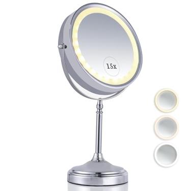 Imagem de MIRRORVANA Espelho de maquiagem com ampliação quinze vezes super zoom dupla face LED três modos de luz bateria recarregável USB uso em penteadeira 20 x 38 cm