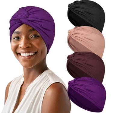 Imagem de ASKNOTO 4 peças de turbantes de algodão macio, pré amarrado, nó plissado, quimioterapia para mulheres, Conjunto 2, Tamanho Único