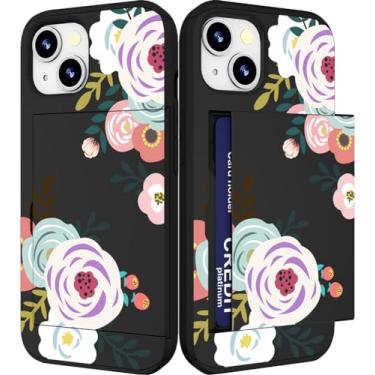 Imagem de IWONE Capa compatível com iPhone 14/15 Plus fofa com porta-cartões Slim Slot Phone 14/15 Plus capa carteira para mulheres/folhas de rosas flores abstratas arte floral desenhos animados plantas