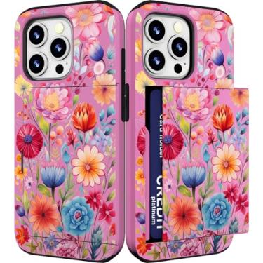 Imagem de IWONE Capa compatível com iPhone 15 Pro fofa com porta-cartões à prova de choque Slim Slot Phone 15 Pro capa carteira para mulheres/flor rosa floral padrão abstrato artístico