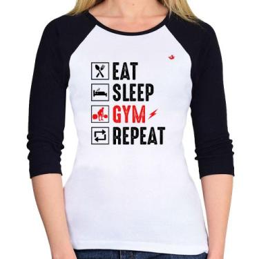 Imagem de Baby Look Raglan Eat, Sleep, Gym, Repeat Manga 3/4 - Foca na Moda, Bra