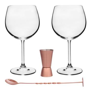 Imagem de Kit 4 Peças P/ Gin Tonica Taças Colher Bailarina e Dosador Cobre Bohem