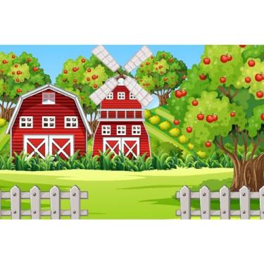 Imagem de Pano de fundo com tema de fazenda vermelha, grama, verde, macieira, moinho de vento, cenário de celeiro, adereços de cabine de fotos para crianças, festa de aniversário, retrato de estúdio de vídeo,