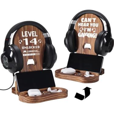Imagem de Slothoem Presentes de aniversário de 14 anos para adolescentes gamers, ideias de presente de aniversário de 14 anos, suporte de fone de ouvido de madeira desbloqueado nível 14, decorações de