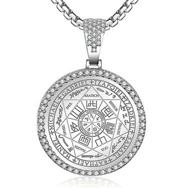 Imagem de FLYUN Colar com pingente de sete arcanjos para homens e mulheres proteção amuleto arcanjo Michael moeda colar com pingente Gabriel Uriel colar de medalha espiritual de aço inoxidável 61 cm, Metal
