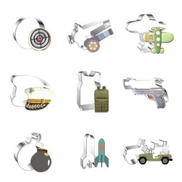 Imagem de ZDYWY Conjunto de 9 peças de cortadores de biscoito militares – alvo de tiro com arco e flecha chapéu de oficial de avião mochila pistola arma bomba míssil jipe militar – d