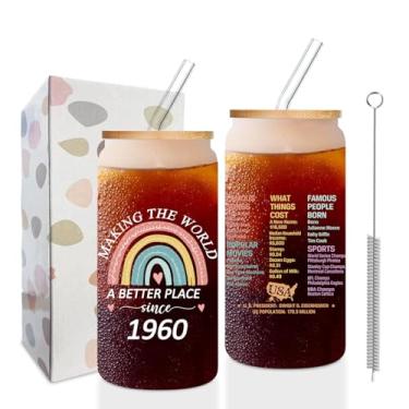 Imagem de Boho, copo fosco de 65 anos, presentes de aniversário de 65 anos de 1960 para mulheres, decorações engraçadas de copo de festa de 65 anos, copo de informações antigas de 1960, copo de vidro para festa