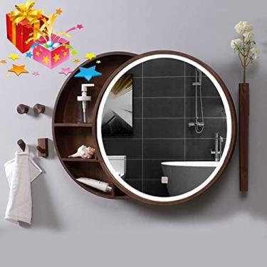 Imagem de Armário de remédios com luzes, espelho de armazenamento de banheiro iluminado por LED, espelho deslizante de parede redondo (cor: cor nogueira, tamanho: armário de espelho de 70 cm), cor nogueira,