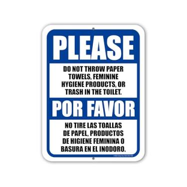 Imagem de Honey Dew Gifts, Não jogue toalhas de papel produtos de higiene feminina no banheiro, placas bilíngues espanhol inglês espanhol, 23 x 30 cm, HDG-1606