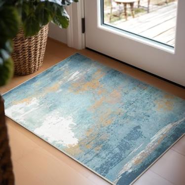 Imagem de Ashler Tapete abstrato, tapetes de entrada 2x3, tapete de área abstrato moderno para sala de estar, quarto, cozinha sala de jantar, escritório, decoração de casa azul, tapetes antiderrapantes e laváveis na máquina, decoração de carpete