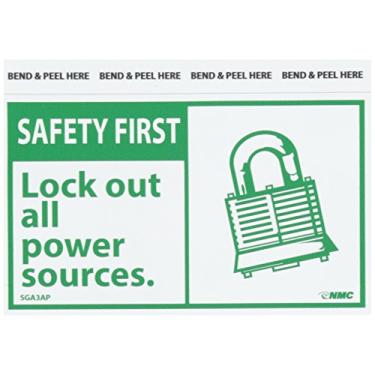 Imagem de NMC Placa SGA3AP OSHA, legenda "SAFETY FIRST - Bloqueie todas as fontes de energia" com gráfico, 12,7 cm de comprimento x 7,6 cm de altura, vinil sensível à pressão, verde sobre branco (pacote com 5)