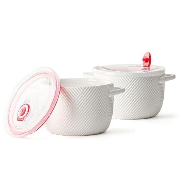 Imagem de Adewnest Tigela de sopa de micro-ondas com tampa: Tigelas de sopa de cebola francesa de cerâmica com alças para sobras de ramen de cereais - Crocks de sopa grandes para micro-ondas para almoço ou