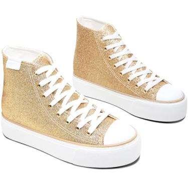 Imagem de ALTOCIS Tênis feminino confortável de plataforma de cano alto, casual de cano médio, tênis moderno de camurça sintética, tênis clássico de caminhada com cadarço, Glitter dourado, 41