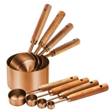 Imagem de Conjunto de copos e colheres de medição de aço inoxidável de cobre, conjunto de copos medidores de 8 peças com cabo de madeira e medidas métricas e americanas, acabamento polido de cobre, para