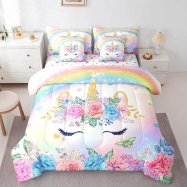 Imagem de Feelyou Conjunto de edredom de unicórnio de tamanho casal com decoração de quarto de crianças, meninas, adolescentes, 3D, colorido, arco-íris, 7 peças, ultramacio, fofo e em uma bolsa